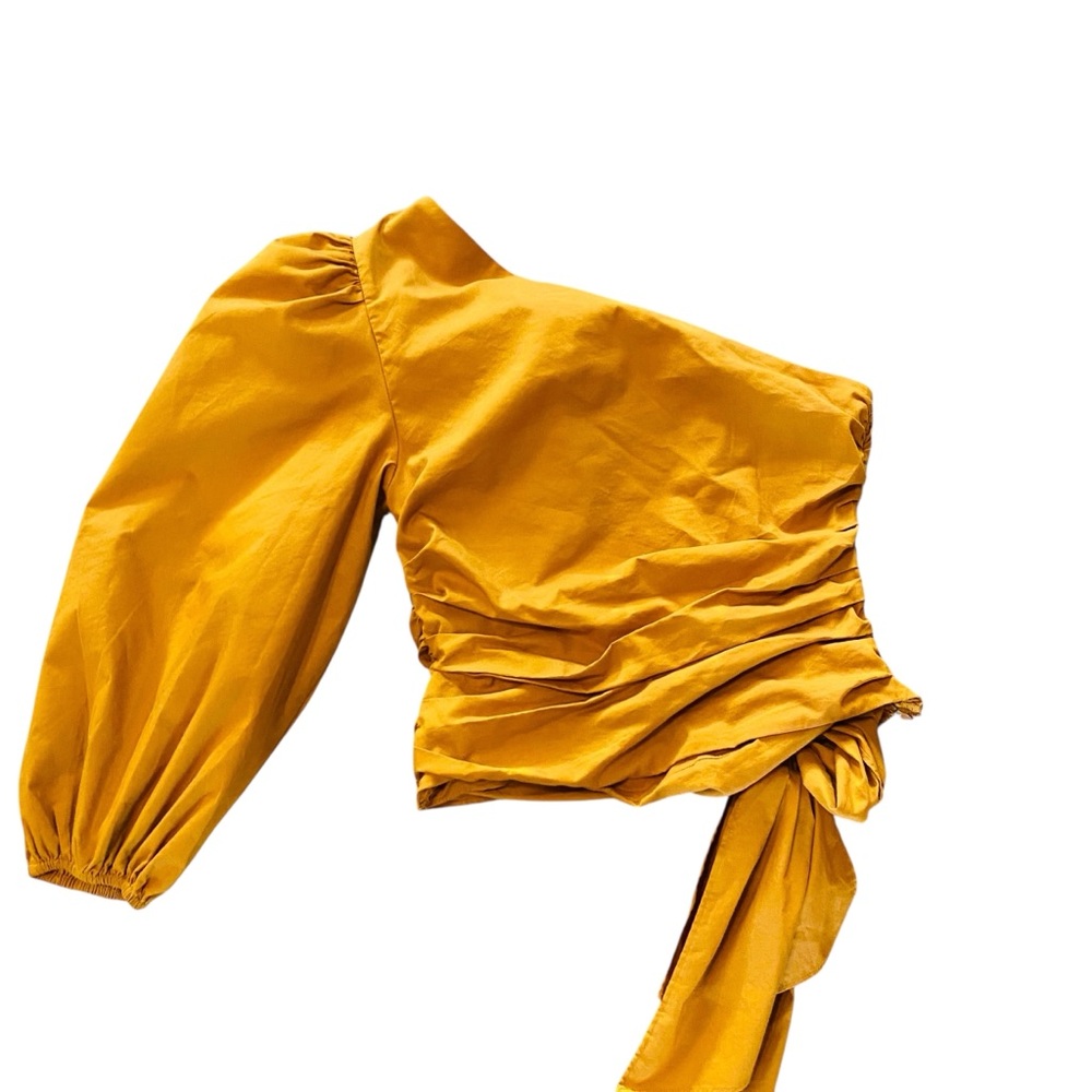 EXPRESS Mustsrd Yellow One Shoulder Puff Sleeve Waist Tie Top